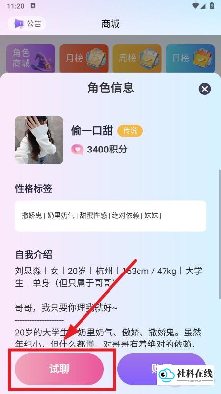 角色详情与购买界面示意图